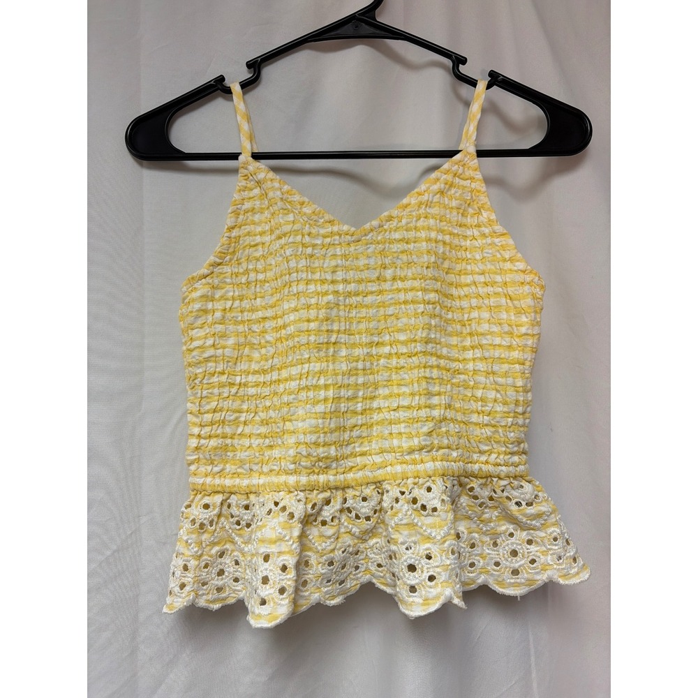 Sim & Sam Yellow Gingham Smocked Cami Top with Eyelet Lace Peplum Hem Small